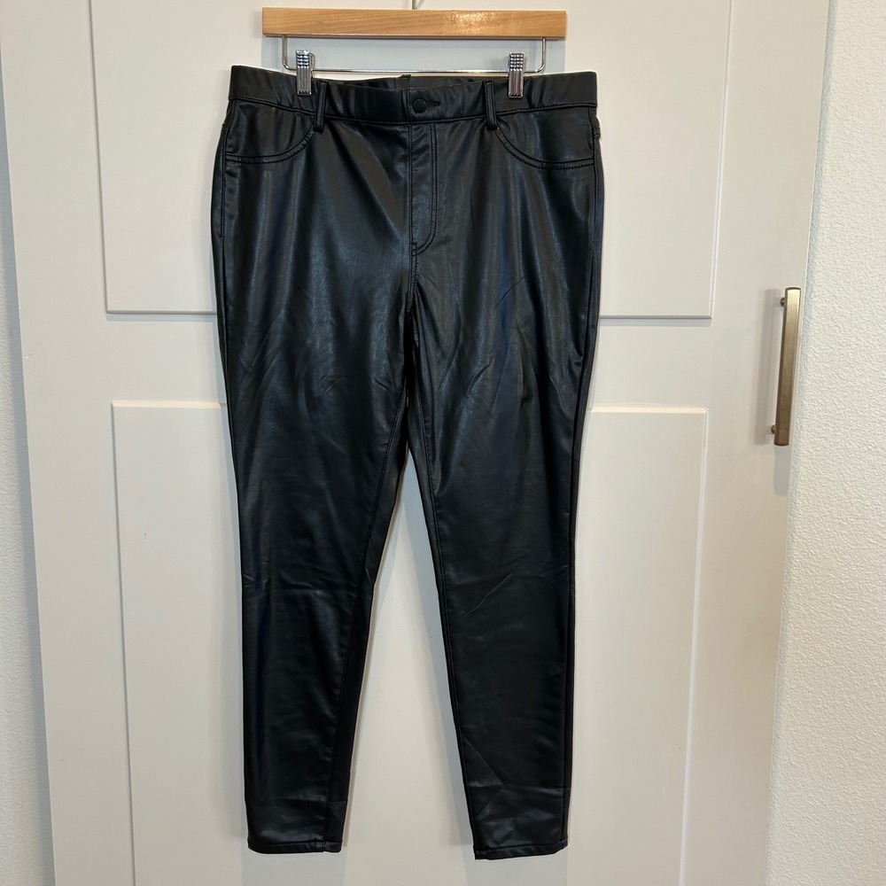 Black Faux Leather Pants Leggings XL 16 18 High Rise Stretch